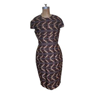 Carolina Herrera Geometric Basketweave Sheath Dress Sleeveless Tigers Eye Button